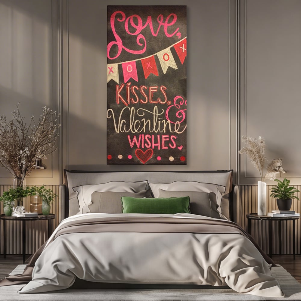 Tablou canvas cu tablou canvas cu mesaj de dragoste scris cu creta, fara rama, pe sasiu de lemn, pe perete intr-un dormitor